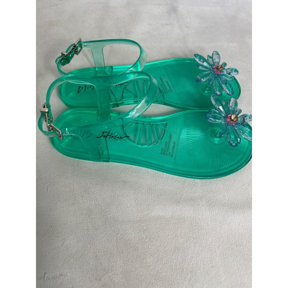 Betsey Johnson Size 7 Flip Flop Sandals Green Jelly Sarai Blue Flower Beach Pool - Picture 3 of 6